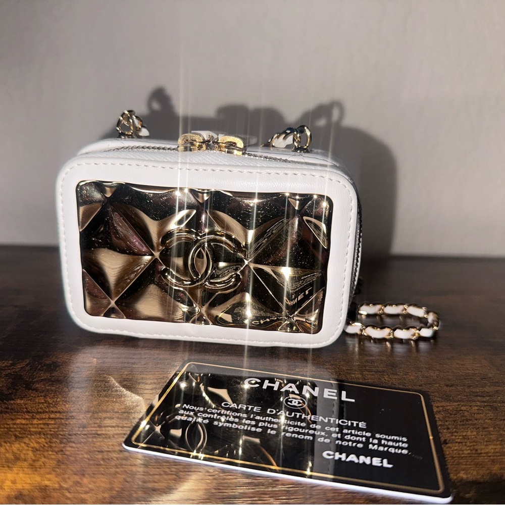 CHANEL Golden Plate Vanity White and Gold Mini Zip Around Bag